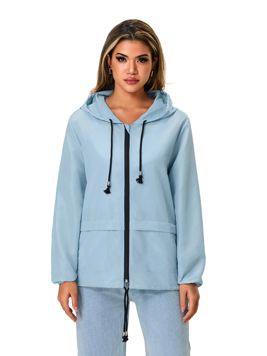 

Women Packable Rain Jacket Outdoor Hooded Windbreaker with Adjustable Drawstring