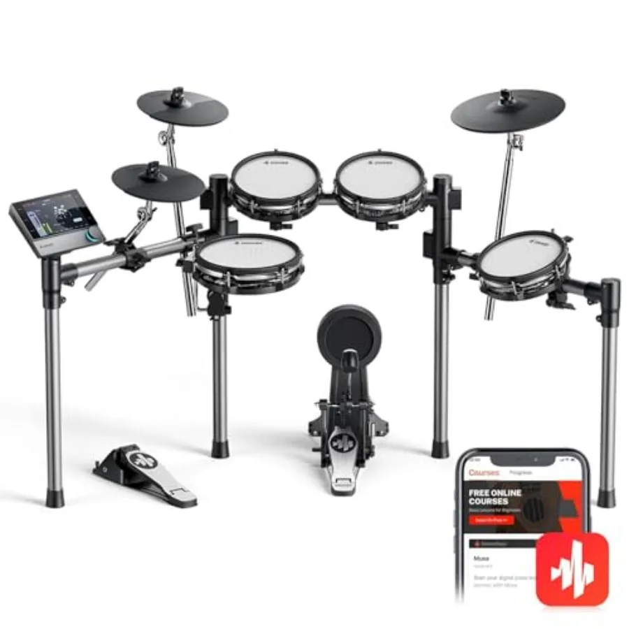 

Электронная ударная установка Beat с бесшумными сетчатыми пэдами, 12 тарелками с функцией Choke, 100 комплектов настроек и более 1100 звуков, палочки, USB, MIDI