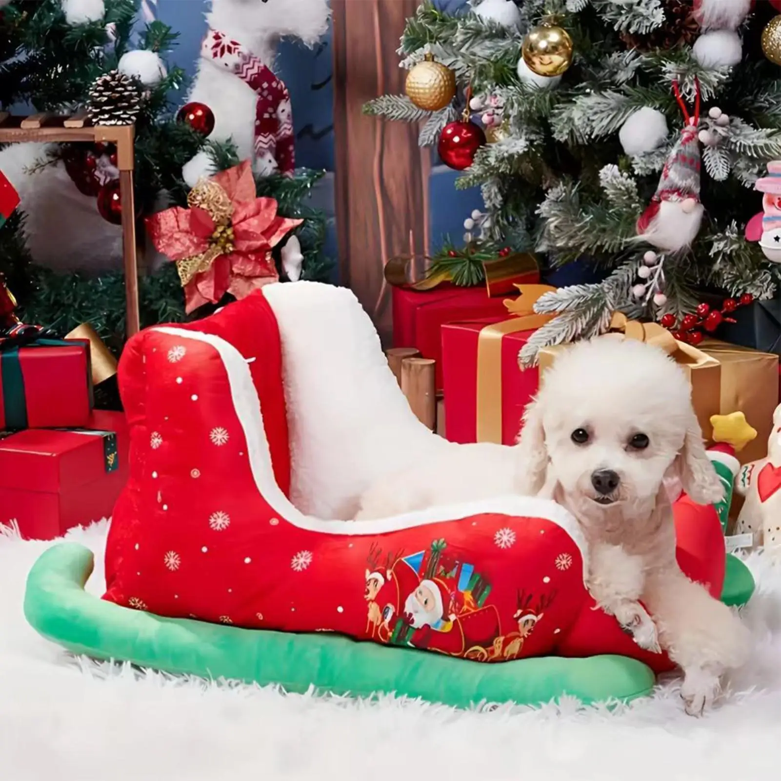 Christmas Sleigh Plush Pet Nest Christmas Pet Bed Comfortable Kitten Nest for Balcony Gathering Outdoor Indoor Home Bedroom