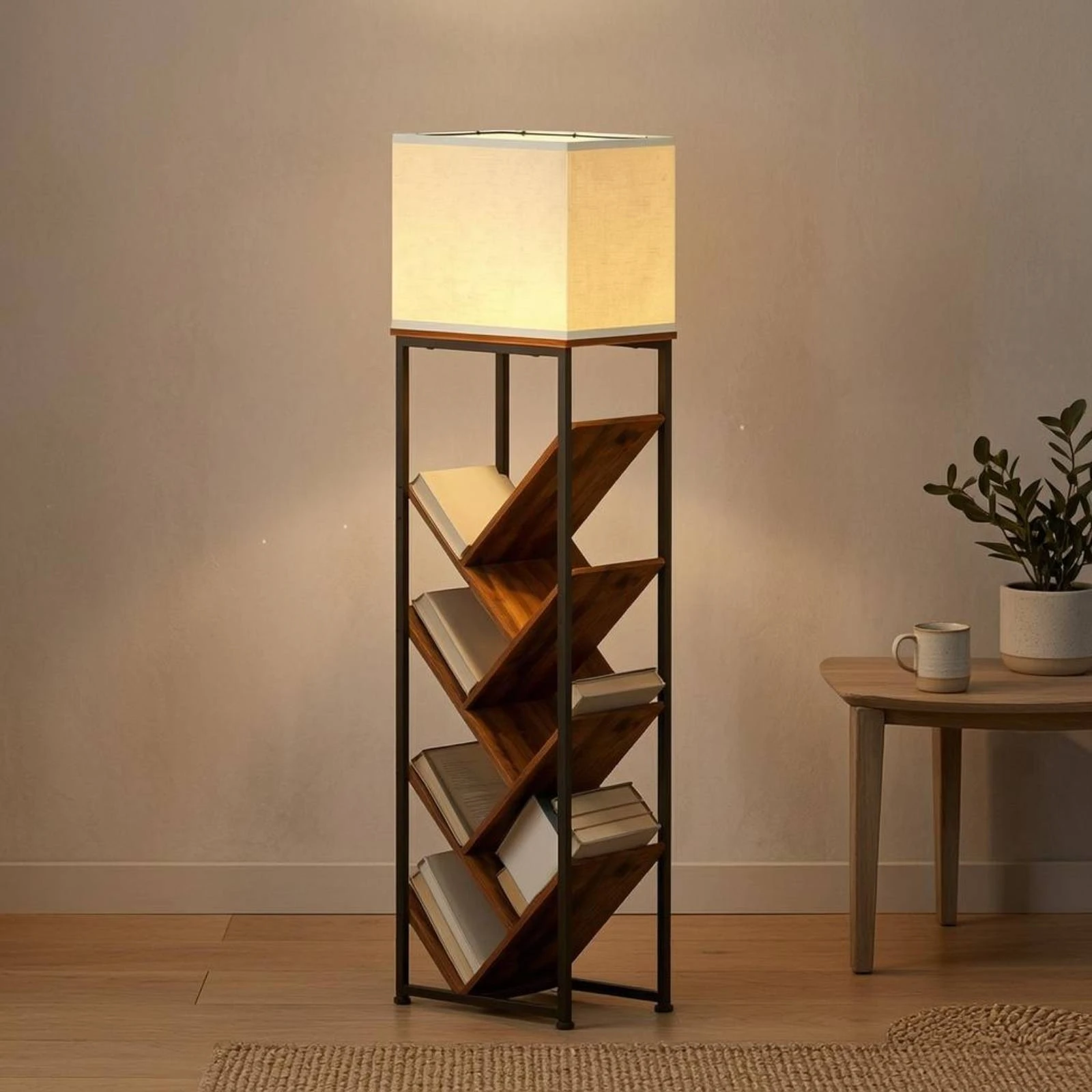 Bookshelf Lamp Angled Shelves Floor-Standing Bookshelf Slanted Shelf Bookcase Black Metal Book Vertical Unit Wood Grain