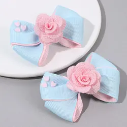 2Pcs Solid Ribbon Bow Hairpin Sweet Lace Flower Hair Clips For Girl Princess Barrettes Headwear Kids Headwear Accessories