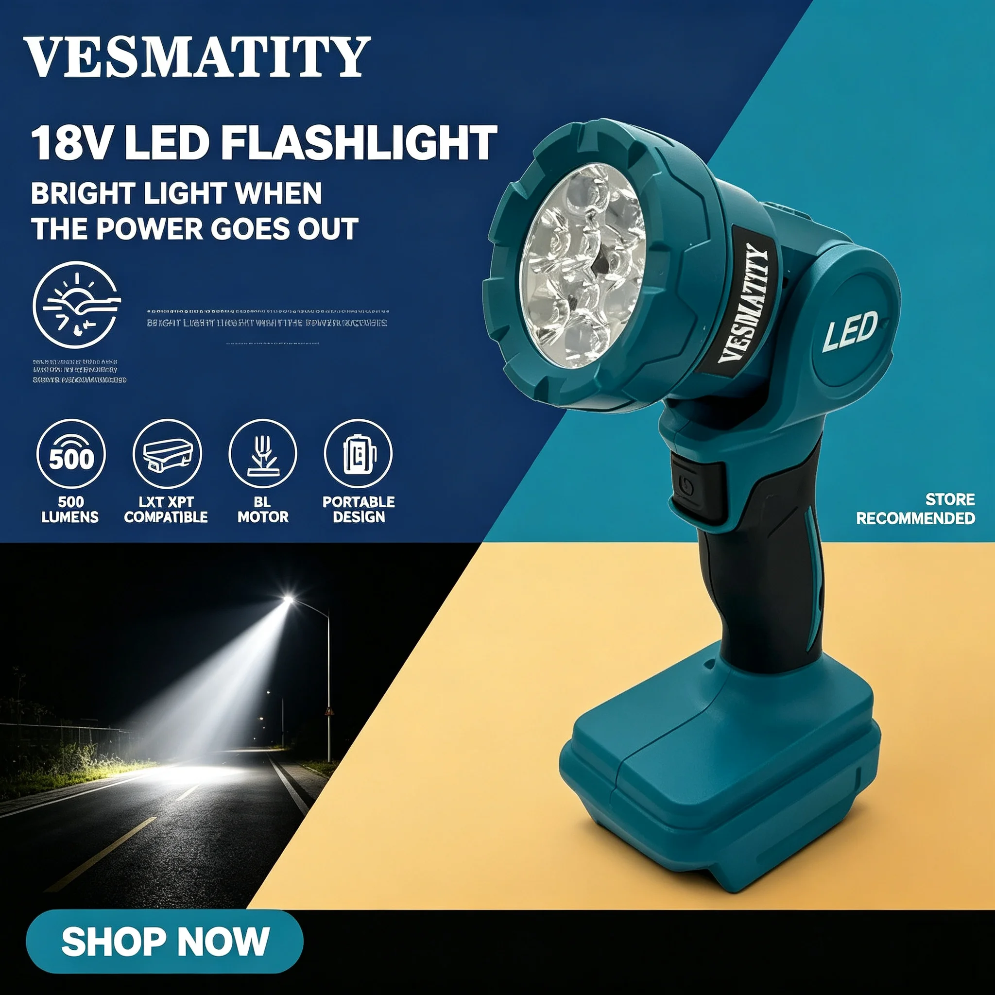 Cordless LED Work Light Rechargeable Flashlight Power Tools Indoor Outdoors Night Searchlight Tool for 18V Battery