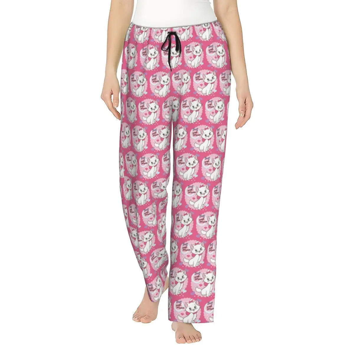 Custom Aristocats Cartoon Marie Cat Pajama Pants Sleepwear Women Elastic Waistband Sleep Lounge Bottoms with Pockets