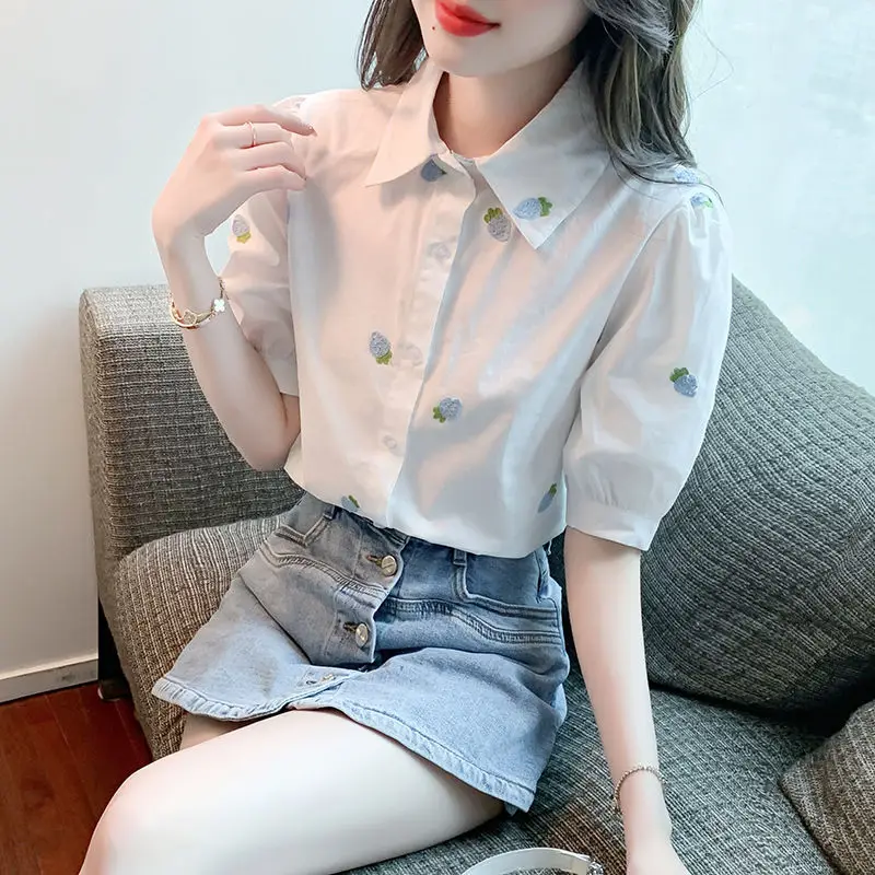 2024 Summer New Preppy Style Fashion Polo Neck Short Sleeve Chiffon Blouses Tops Printed Single-breasted Loose All-match Shirts