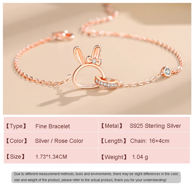 European 925 Sterling Silver Bracelet CZ Double Ring Rabbit For Women Birthday Party Gift Jewelry