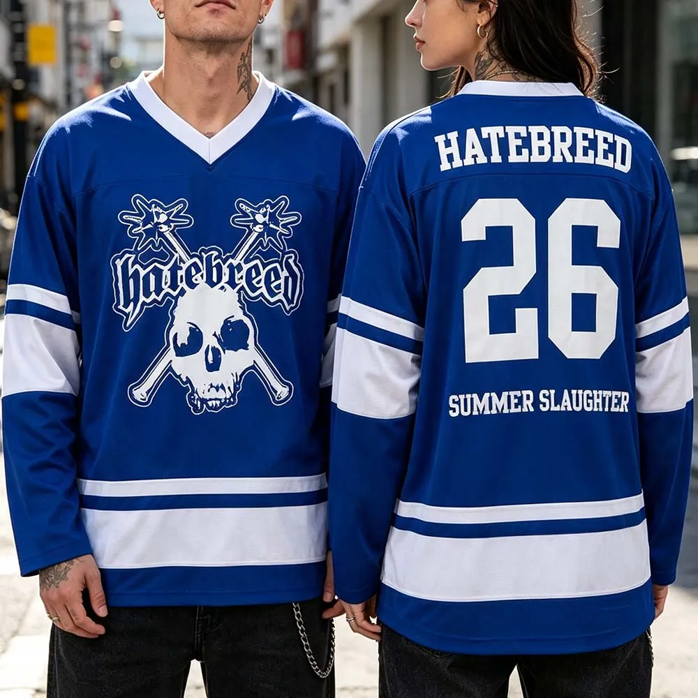 Hatebreed Hockey Jersey SUMMER SLAUGHTER 2026 Print Tops Unisex Streetwear Long Sleeve V-neck Loose T-shirt Casual Men Clothing
