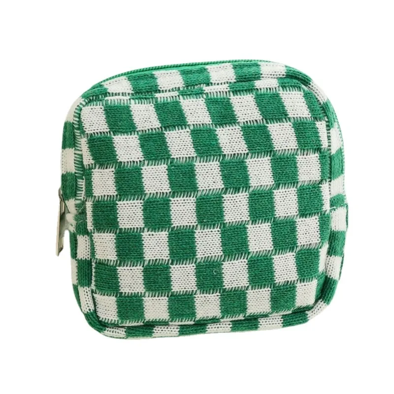 Color-block Checkerboard Knitted Zipper Bag Mini Makeup Cosmetic Bag Women Sanitary Napkin Tampon Organizer Card Coin Pouch