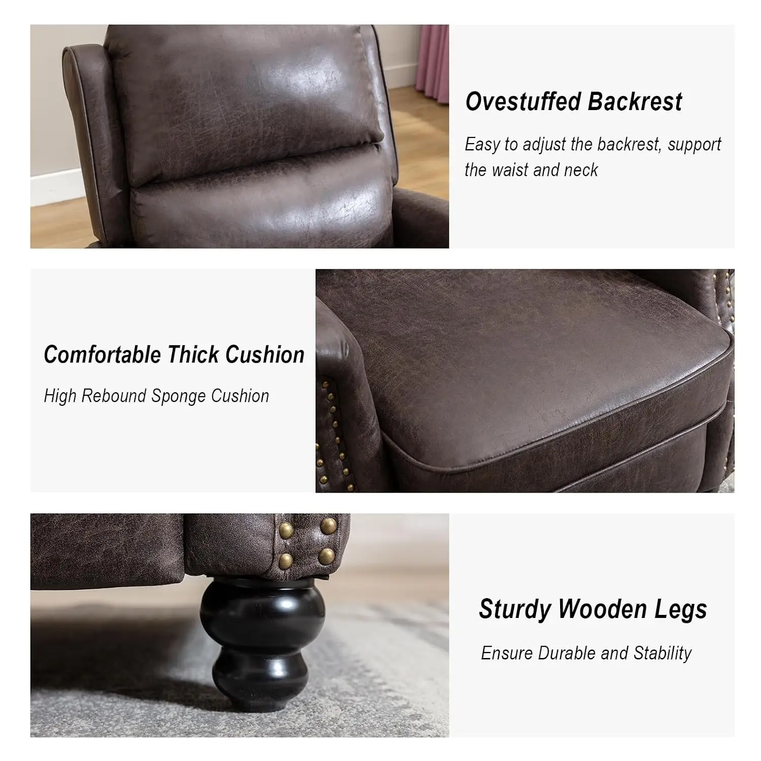 Faux Leather Pushback Recliner Chair Set of 2 with Rivet Decoration for , Dark Grey, Customized