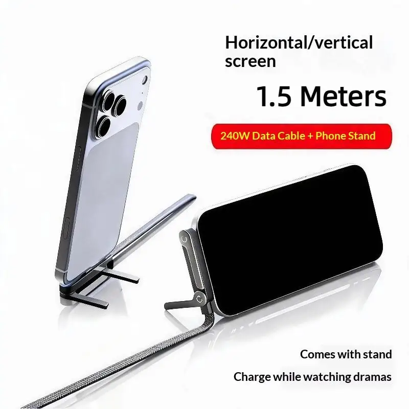 240W USB C Fast Charging Data Cable Built In Phone Stand Durable Braided Nylon For Mobile Gaming Daily Office Use