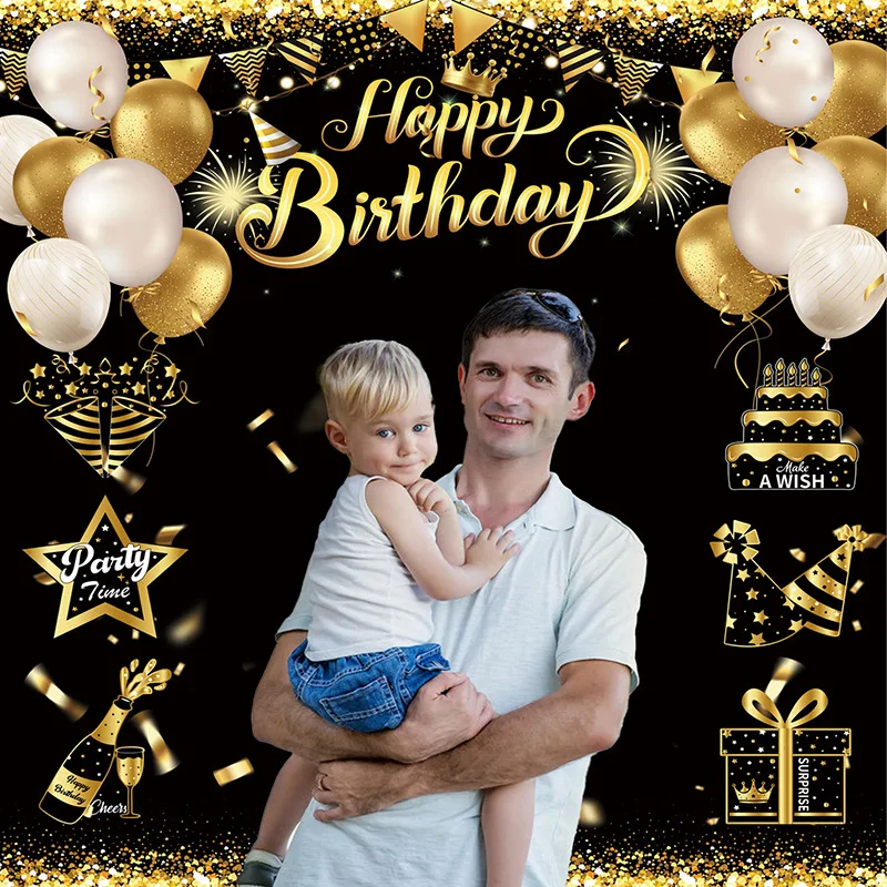 Black Gold Happy Birthday Backdrop Banner 30th 40th 50th 60th Birthday Photo Background Props