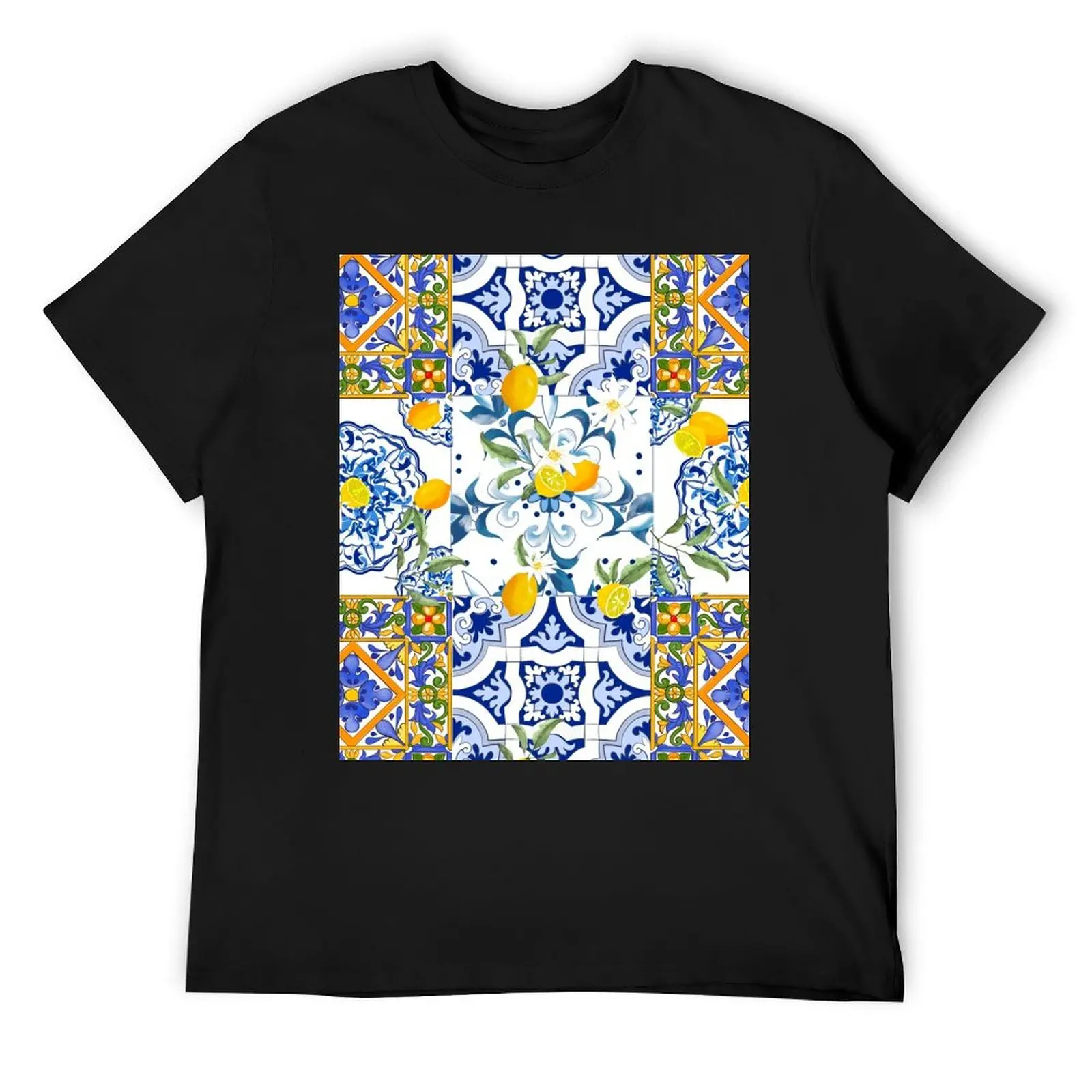 Summer,citrus,mosaic background ,Mediterranean style,lemon fruit pattern T-Shirt blacks summer clothes slim fit t shirts for men