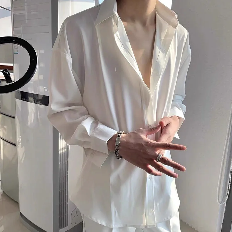 Ice Silk Casual Lapel White Black Shirt Korean Version Men Business Travel High-Quality Loose Single Breasted Long Sleeved Shirt