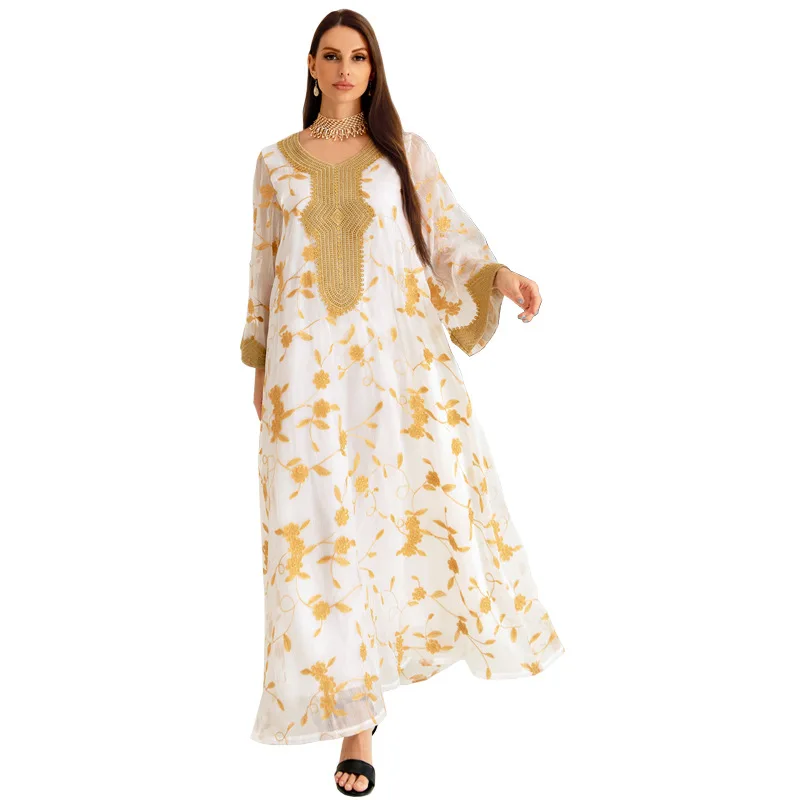 

2024 Spring Summer Muslim Women Elegant Long Sleeve White Party Evening Long Abaya Muslim Fashion Dresses Abaya Dubai Kaftan