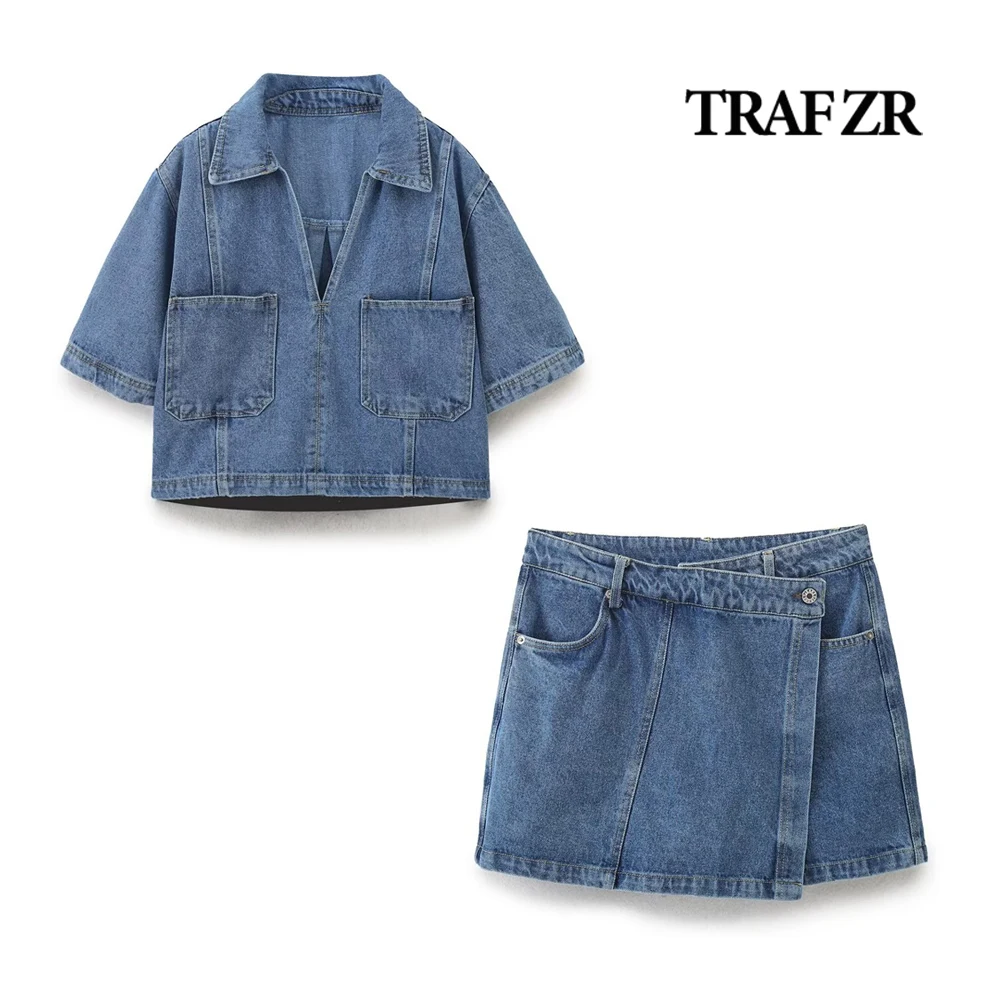 

TRAF ZR Classic Denim Skorts Sets for Women Cropped V-neck Lapel Collar Denim Top + Wrap Shorts Skorts Jean Two Piece Set