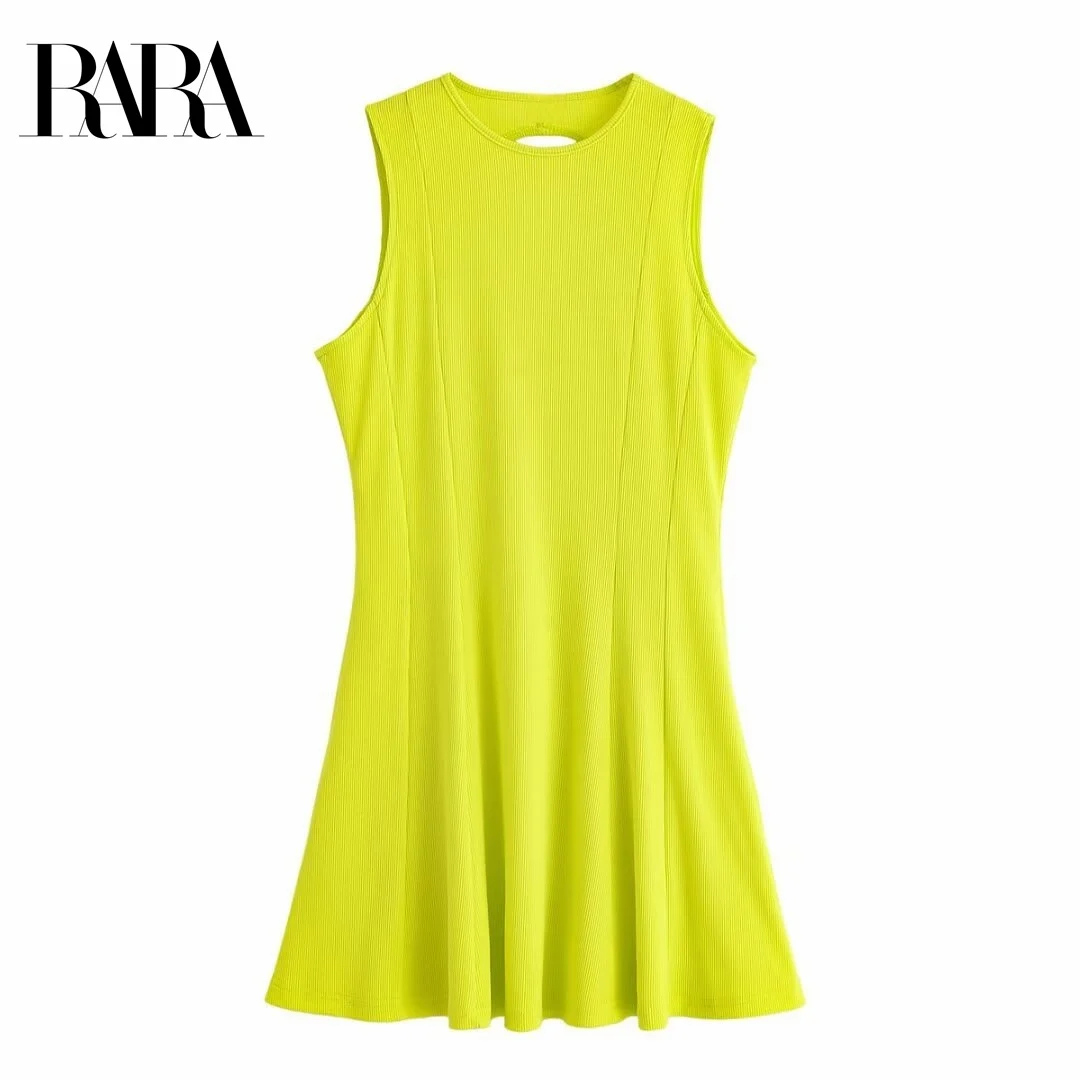 

RARA Women's Summer New Back Cutout Decorated Casual Elegant Crew Neck Sleeveless Knit Mini Dress
