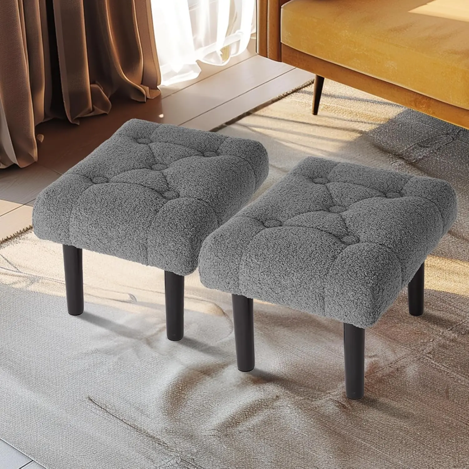 

Fur Padded Ottoman, Small Foot Stool With Wooden Legs, Modern Rec Chair Foot Rest For Living Room, Couch, Desk