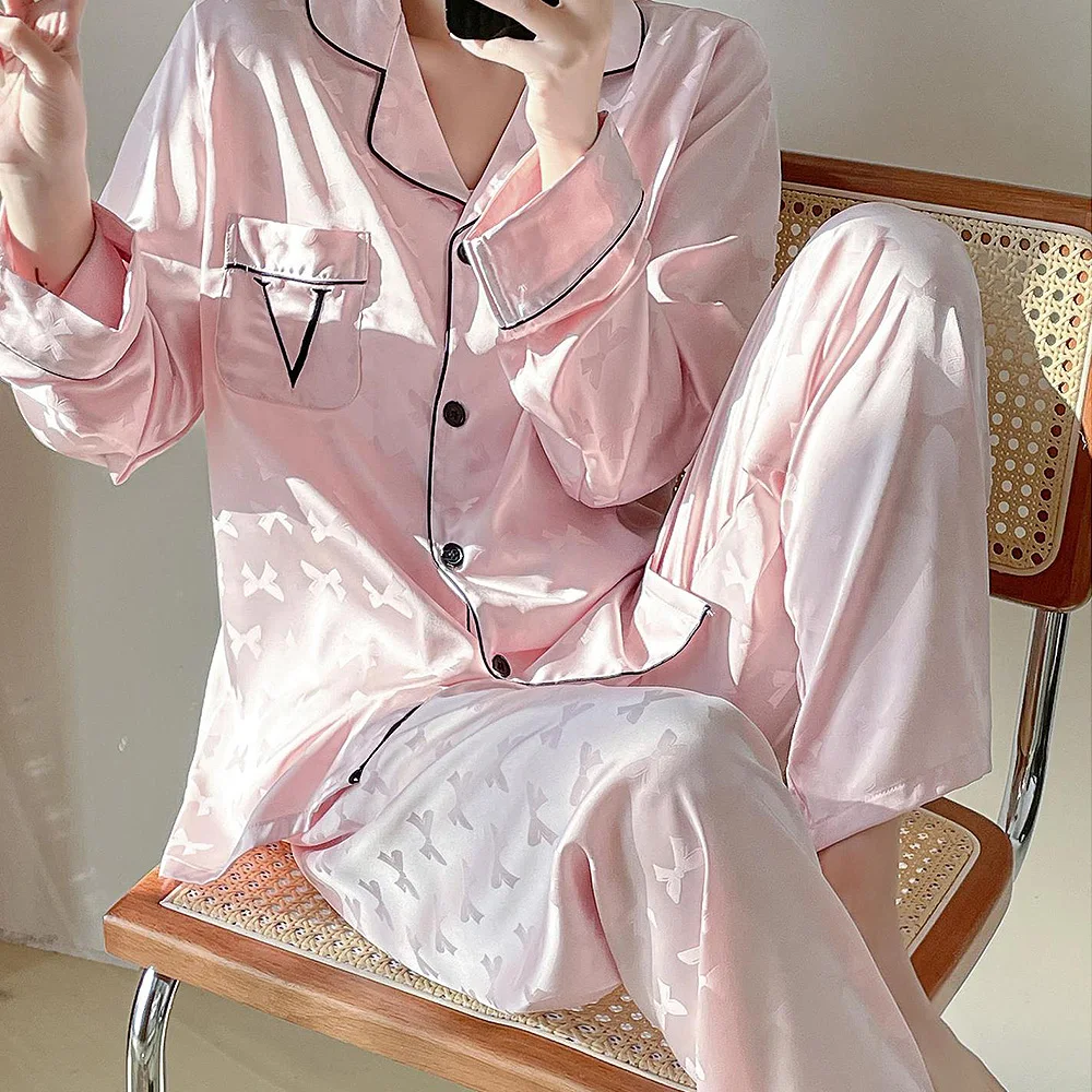 

Autumn Ice Silk Pajamas Women Long Sleeve Long Pants Butterfly Jacquard Homewear Set Pijamas De Mujer Sexy Pijamas for Woman