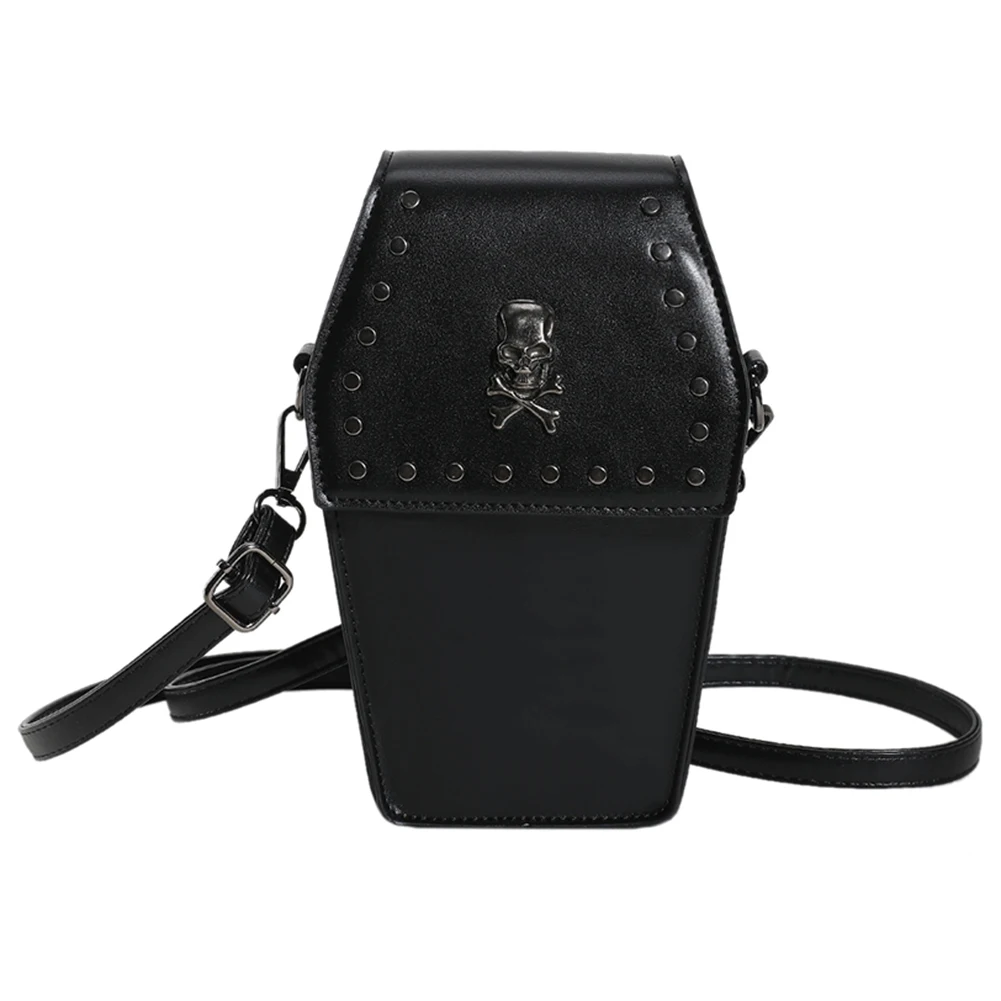 

Women Coffin Satchel Purse Cartoon Skull Satchel Bag Zipper Coffin Shape Bag Strap Adjustable PU Leather Halloween Versatile Bag