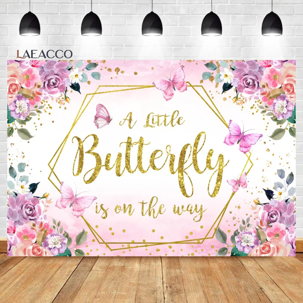 

Laeacco Butterfly Baby Shower Backdrop Photo Purple and Pink Floral Gold Spots Girls Portrait Customized Photography Background