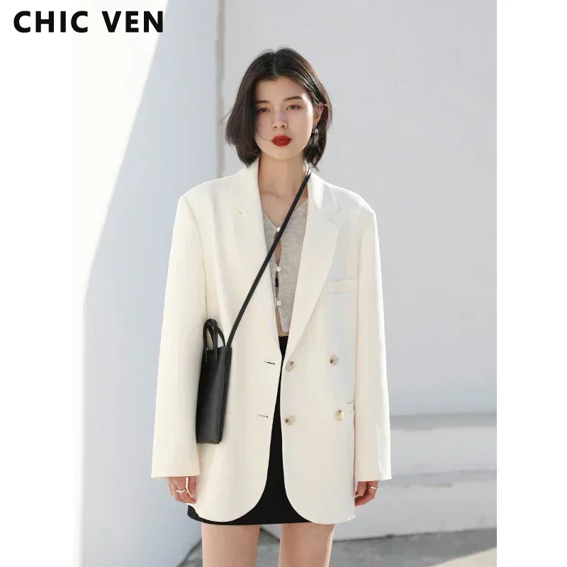 CHIC VEN 2021 Fashion Women\'s Blazer Office Lady Long Sleeve Double-breasted Mid-length Casual Coat Ladies Outerwear Stylish Top