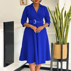 Elegant Office Dresses for Women Turn Down Collar V Neck Full Sleeve Belt Waisted Pleated Mid Calf Formal Business Work Dress OL