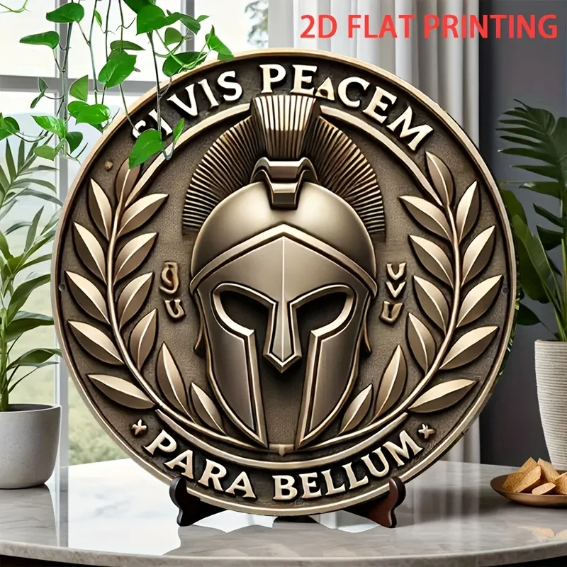 Si Vis Pacem Para Bellum Spartan Helmet Round Metal Tin Sign 2D Flat Printing Retro Military Wall Plaque for Man Cave Home Decor