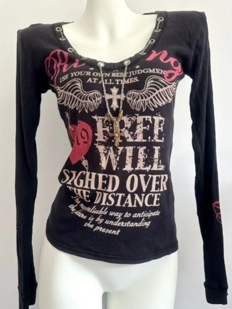 

Deeptown Y2k Black Gothic Letter Graphic Women T-Shirts Vintage Harajuku Long Sleeve Japanese 2000s Style Slim Tees Punk Gyaru