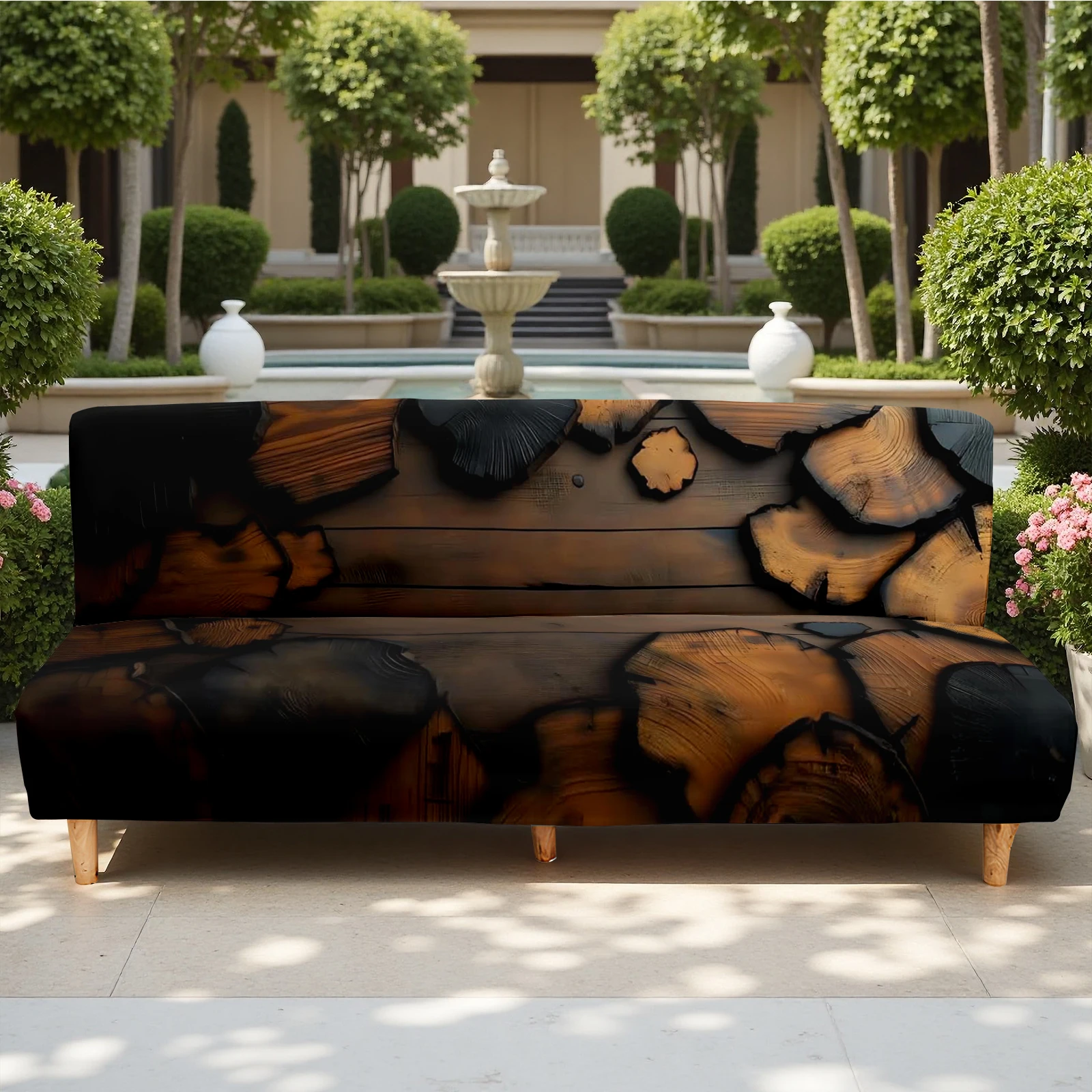Industrial Style Wood Grain Printed Elastic Sofa Bed Cover, Summer Outdoor Sofa Cover, Soft Breathable Milk Si