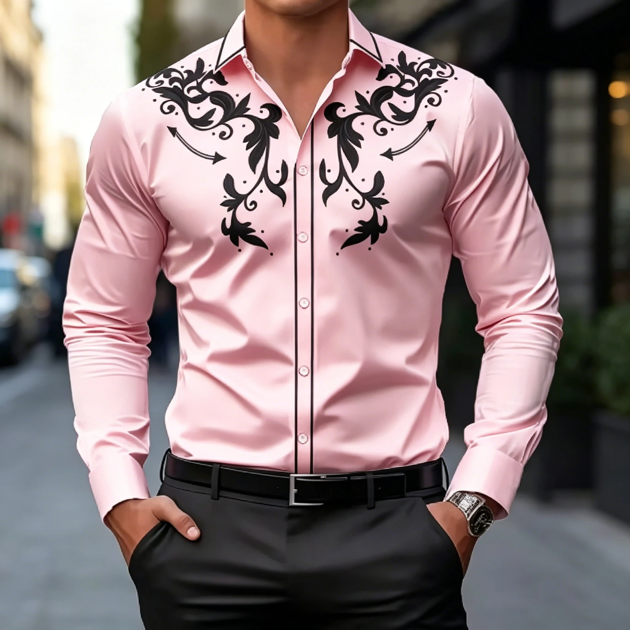 Men's Slim Fit Flower Embroidered Western Style Long Sleeved Shirt With Button Down Casual Office Top Suitable For Daily Commuti