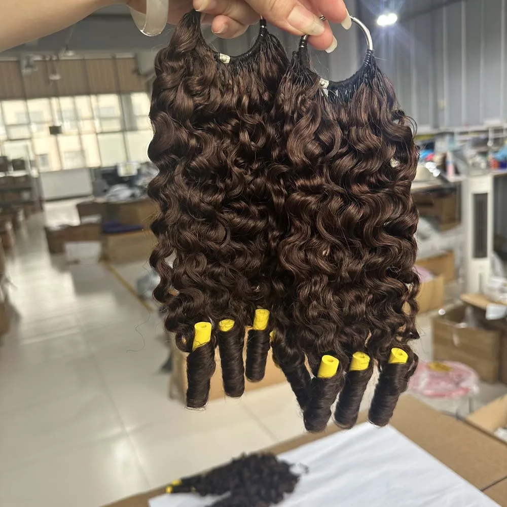 #4 Brown Burmese Curly Crochet Human Hair 60g 50 Strands Invisible Chocolate Brown Feather Crochet Human Hair  Pre-Separated miracle knots Hair for Women 3C 4A Texture Human Hair Extension