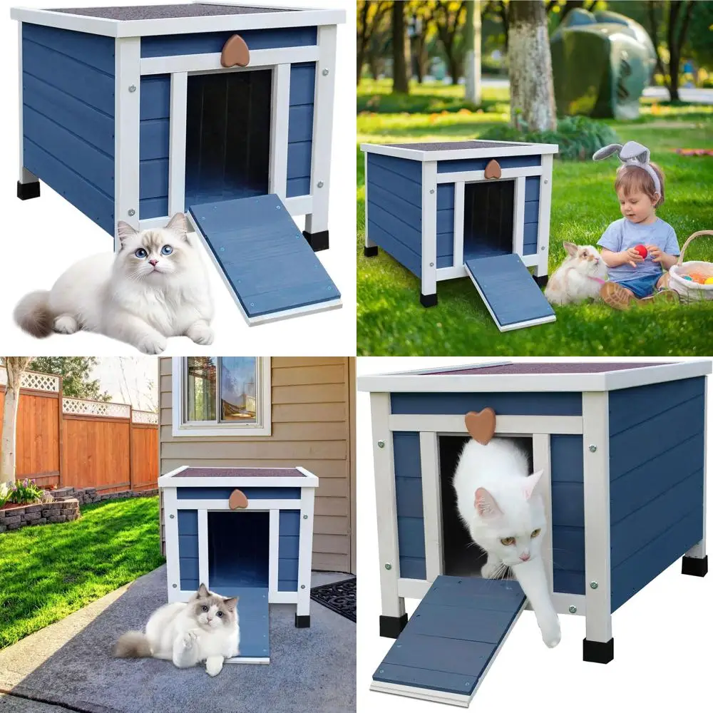 

Weather-Resistant Outdoor Cat Shelter for Feral Felines - Blue Wooden Small Animal Habitat