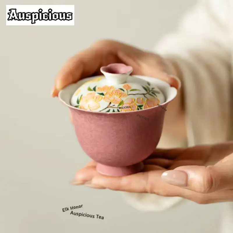 ZAEYORIA 130ml Hand-painted Peach Blossom Gaiwan Handmade Tea Tureen Tea Bowl with Lid Kit Tea Brewing Cover Bowl Cafes Craft