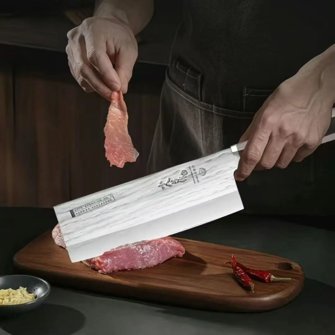 7.3 Inch Shibazi Chinese Chef Knife 9Cr18Mov Steel Slicing Cleaver Nakiri Handmade Kitchen Knife For Cutting Vegetables And Meat