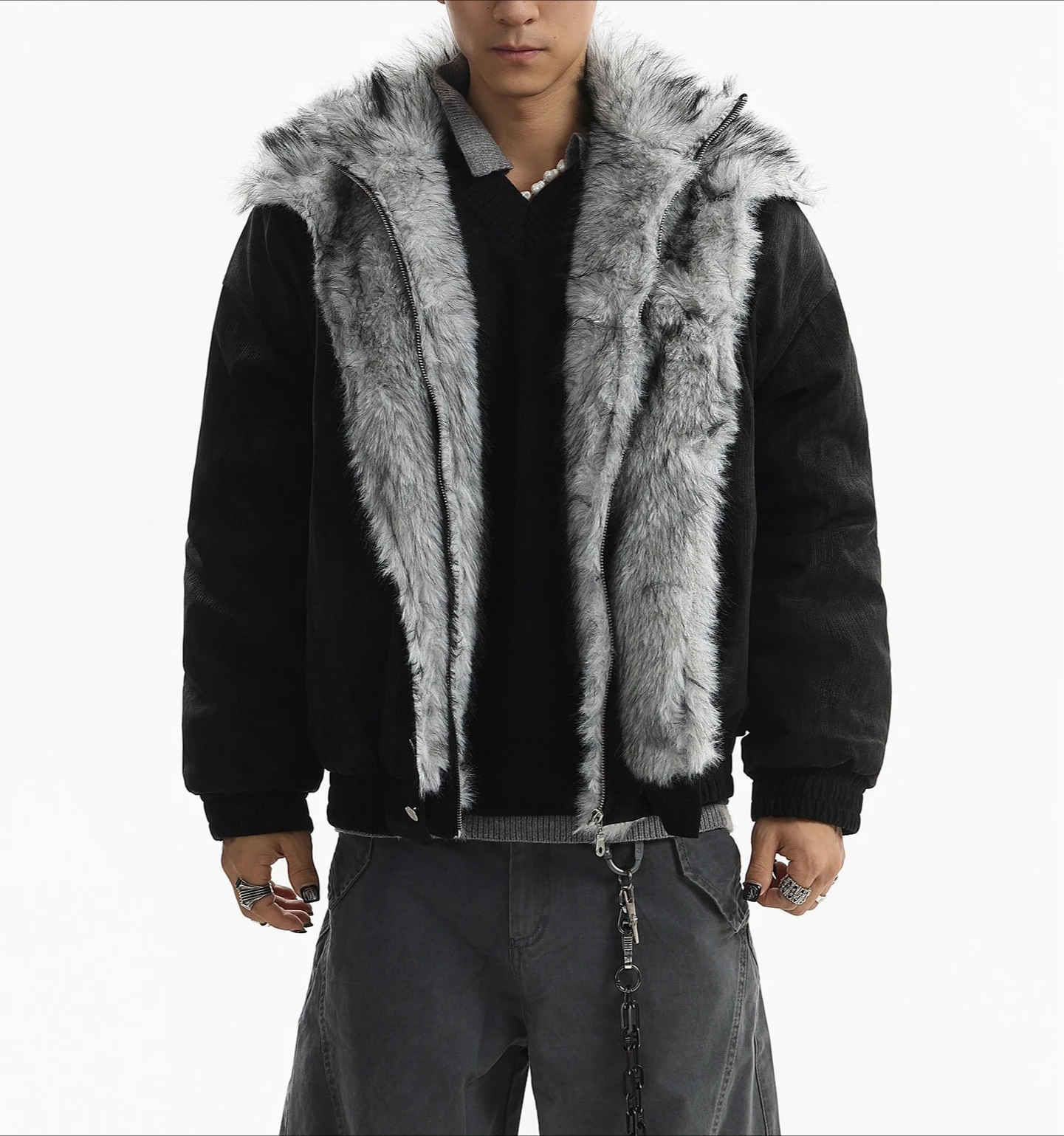 معاطف رجالية عصرية عالية الشارع بياقة من الفرو الصناعي سترات مكونة من قطعتين للرجال لشتاء 2025 سترات جديدة من الصوف بلون واحد