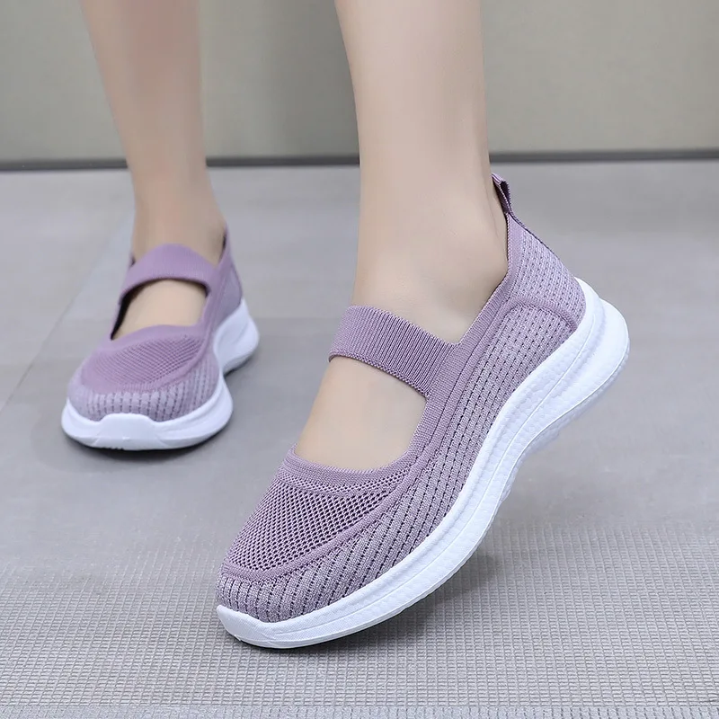 Sepatu wanita musim panas fashion mesh bernapas sepatu kasual berjalan anti-selip tebal bersol sepatu datar Le Fu sepatu