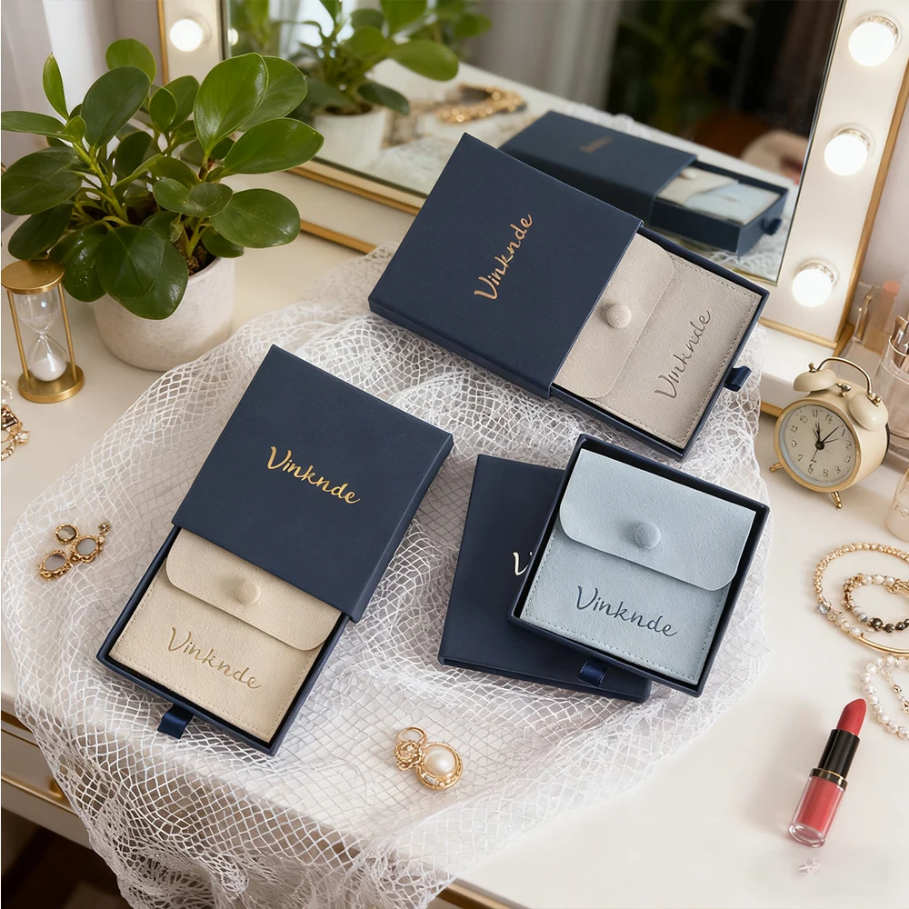 

Personalization Logo Blue Thick Paper Drawer Jewelry Box Travel Wedding Organizer Microfiber Snap Bag For Earrings Ring Bracelet