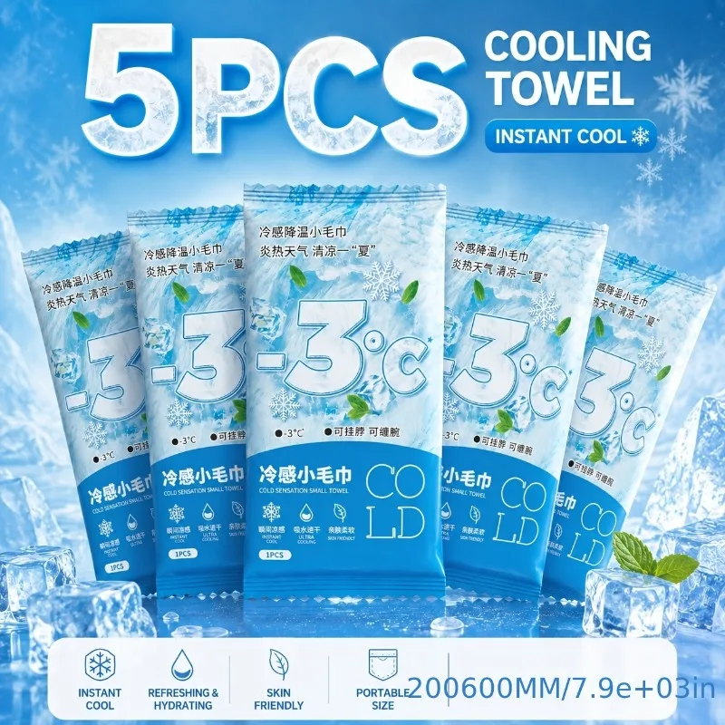 5Pcs Instant Cooling Towels 200x600mm Individually Wrapped Portable Summer Cool Towel for Gym Hiking Camping Beach Travel Hot Da