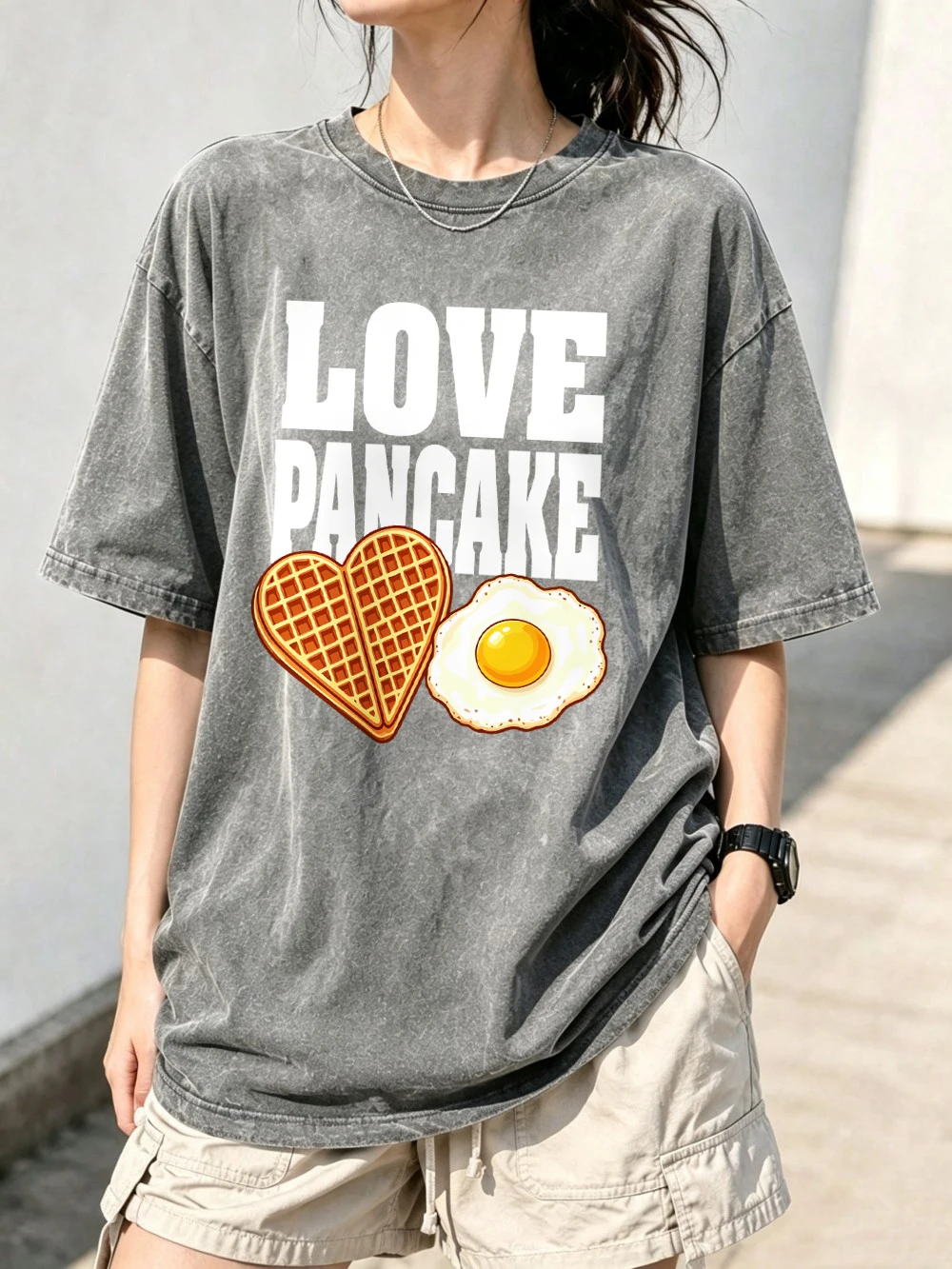 Love Pancake Heart Waffle Fried Egg Prints Washed T-Shirts Womens Cotton Oversized Tops Street O-Neck Tees Summer Woman Clothes