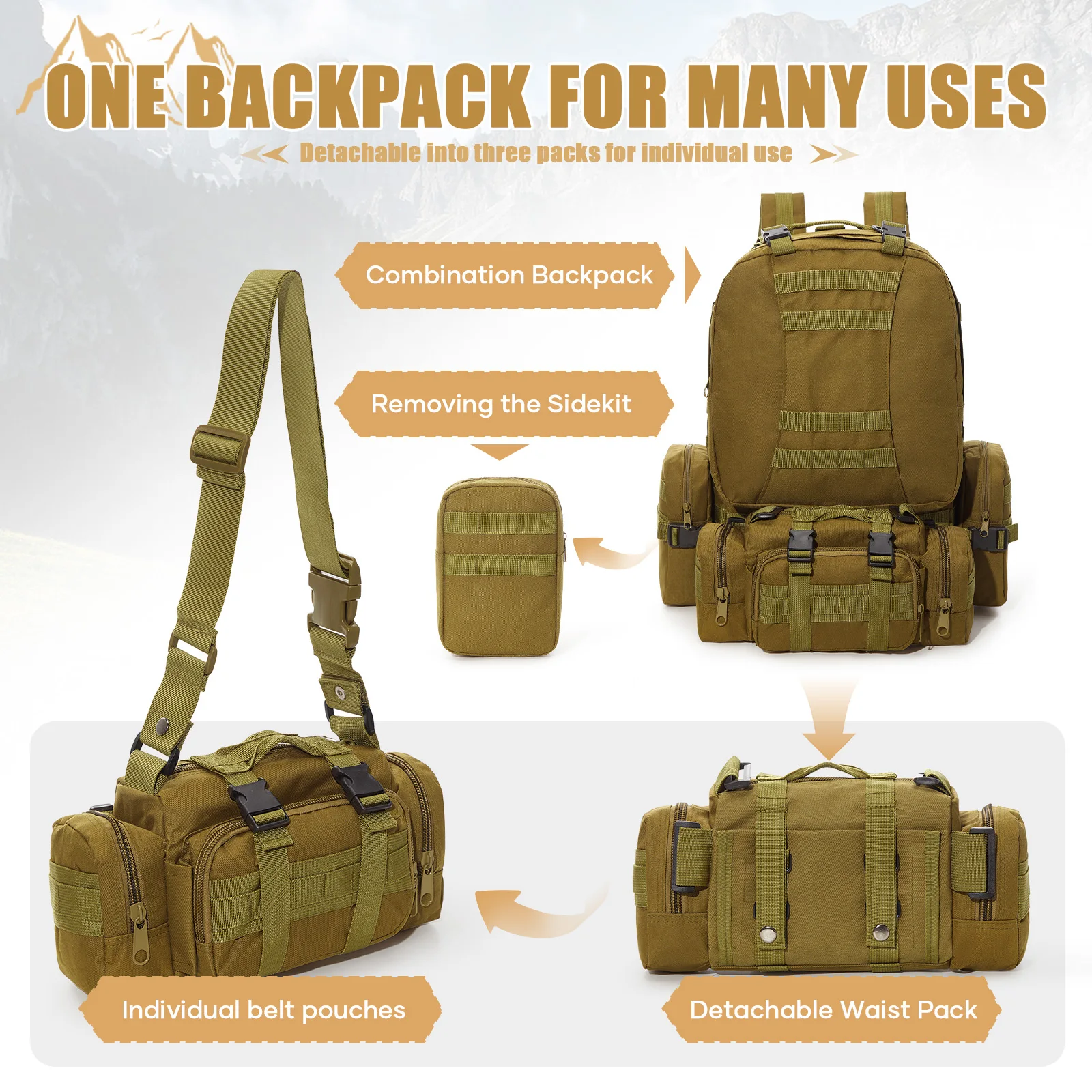 Military Tactical Backpack with 3 Detachable Packs, Army Assault Pack, Large Fieldline Molle Bag, Travel Camping Hiking Backpack