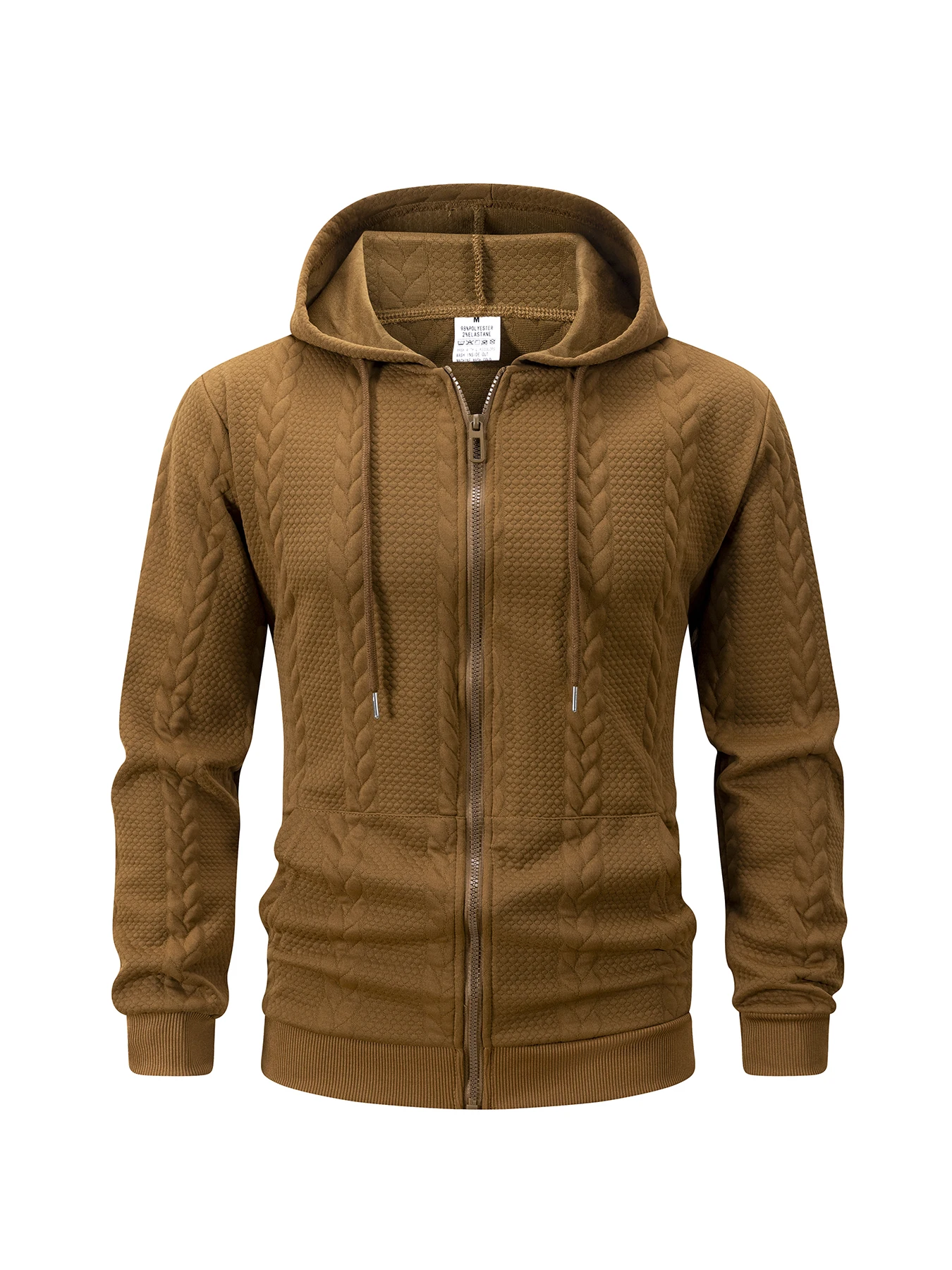 Drawstring Hood Mens Cable Knit Hoodie Full Zip Design Kangaroo Pocket Casual Sweatshirt for Daily & Office