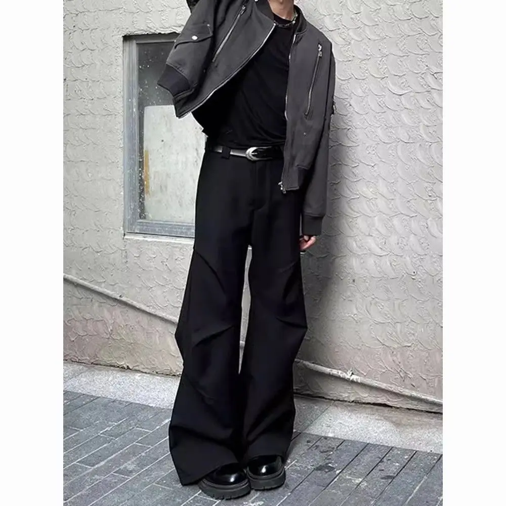 

Men Black Pants Retro Trend Solid Color Trouser High Waist Straight Tube Pants Pleated Design American Style Mopping Pants
