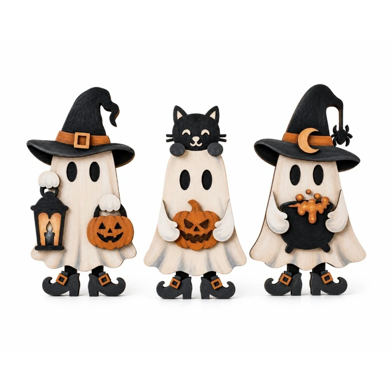 Halloween Wooden Ghost Witch Upright Plaque Table Centerpiece Décor Spooky Party Ornament for Festive Home Decoration Display