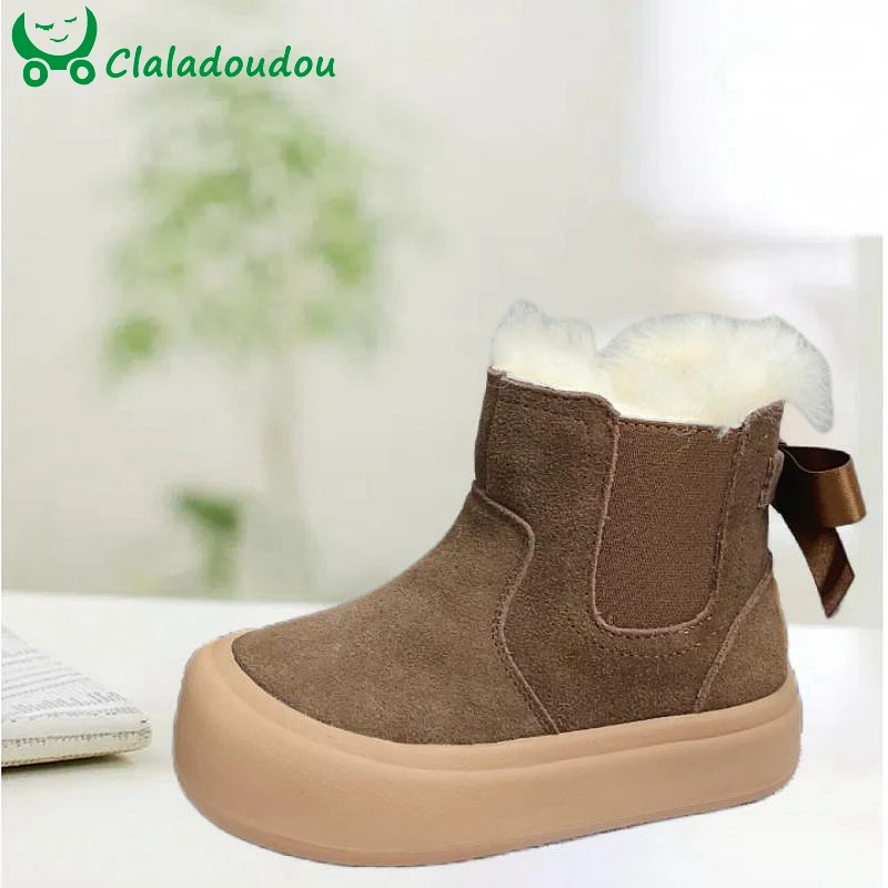 

2024 Genuine Leather Girls Snow Boots With Fur Plush,Solid Suede Bowtie-knot Winter Shoes For Children Girls,Baby Warm Boots