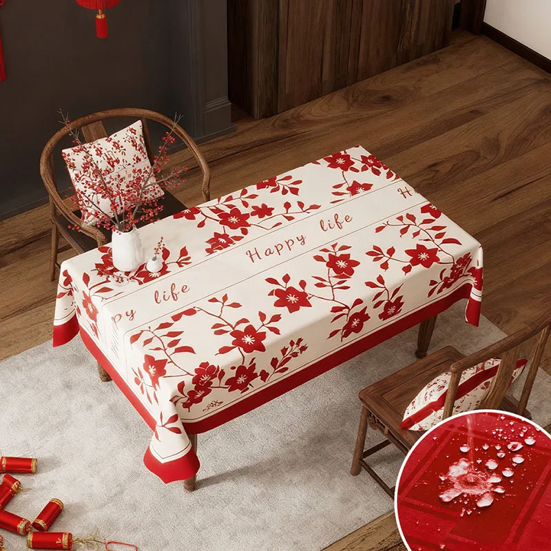 Red Printed Tablecloth for New Year Happy Waterproof Table Cover for Dining Wear-Resistant Furniture Protector for Festivals