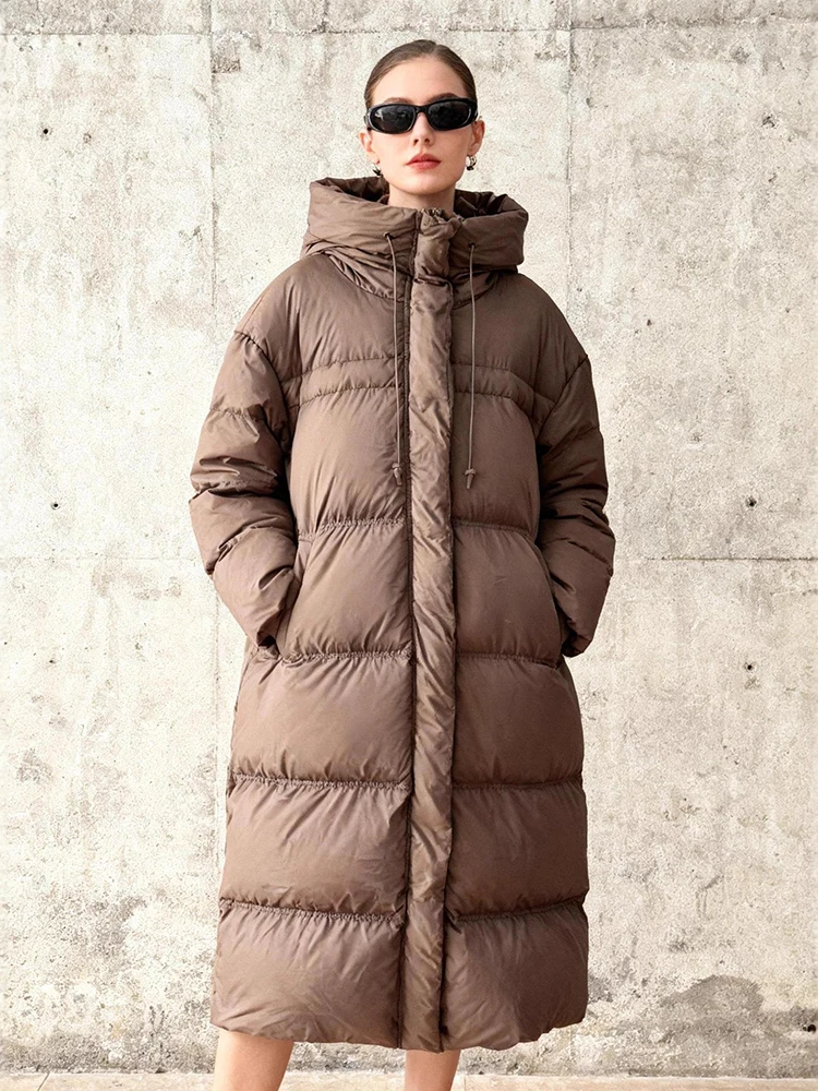 

Зимний длинный утепленный пуховик с капюшоном, женский белый утиный пух, до колена, куртки-паркеры, женская непромокаемая теплая верхняя одежда на молнии
