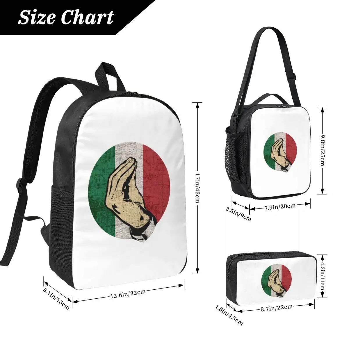 Italian Hand Gesture Sing Language Italy Flag Backpack Student Boys Girls BookBag School Bag 3ps Insulated Lunch Bag Pencil Case