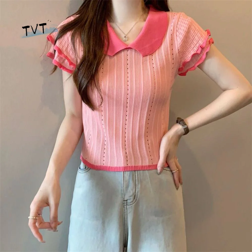 

Ruffled Edge Doll Collar Knitted Vest Patchwork Short Knitted Slim Crop Tops Hollow Sweet Girl Style Short Sleeve T-shirt Summer