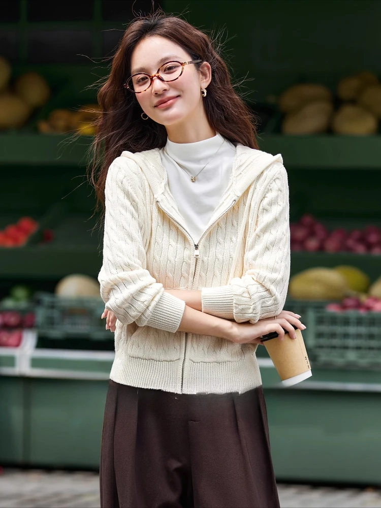 

VIMLY Apricot Hooded Cardigan Woman Autumn 2025 Sporty Pleated Long Sleeve Knitted Tops Casual Zipper Up Female Cardigan 75087