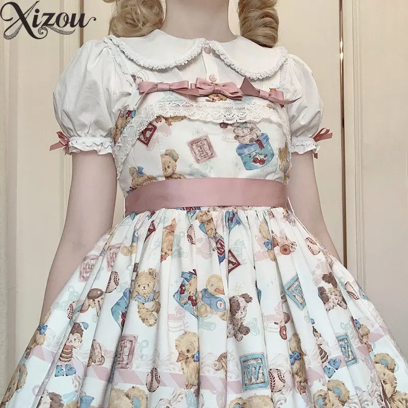 

Sweet Lolita Shirt Kawaii Print Lace Short Sleeve Top Y2K Japanese Summer Gothic Party Casual Shirt Harajuku Women Blouse