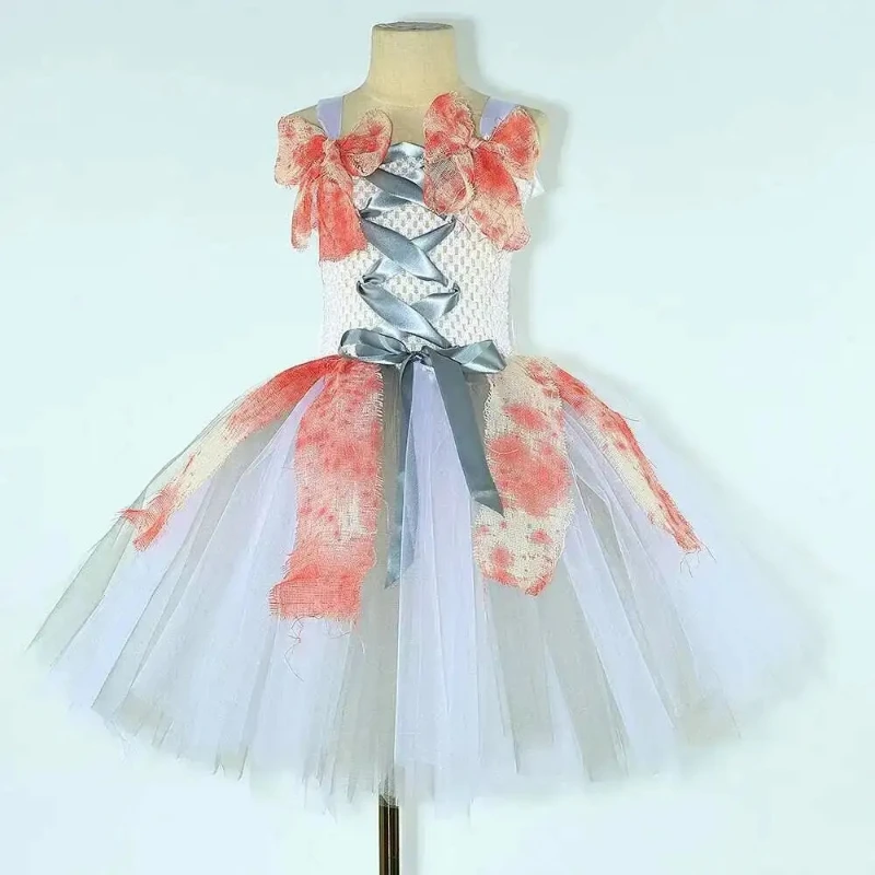 Girls Gothic Spooky Bride Outfit, Kids Spooky Zombie‑Themed Gorgeous Gown, Children's Spooky Costume for Halloween Party